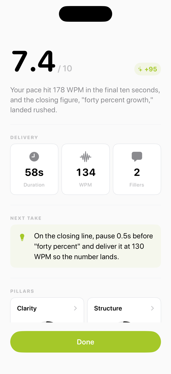Score result with delivery breakdown and a fix tip